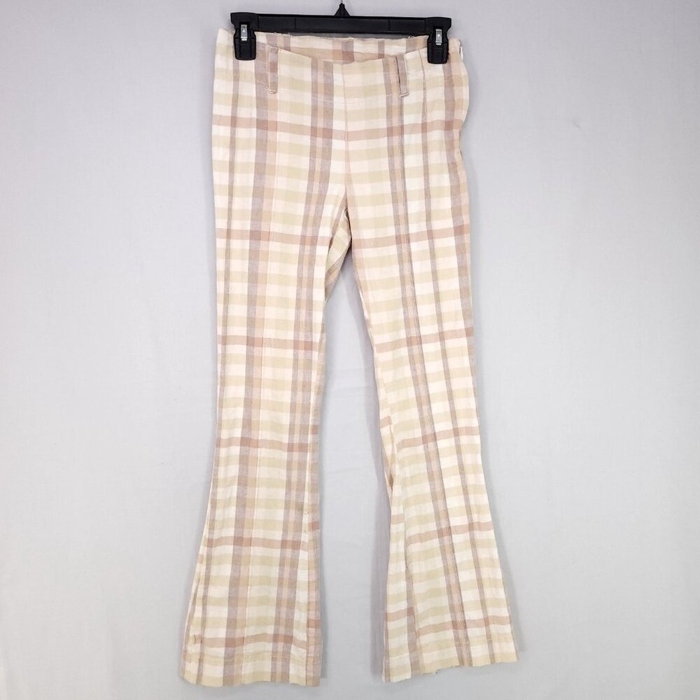 Free People Plaid Flare Pants Womens 0 Linen Blend Low Rise Retro Hippie Boho - Picture 2 of 16